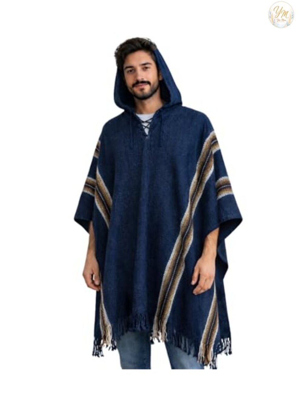 Alpaca Wool Hooded Poncho Striped Shawl Collar Winter Summer